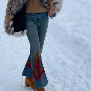 Palm Angels Blue Flare Jeans with Flame Hem